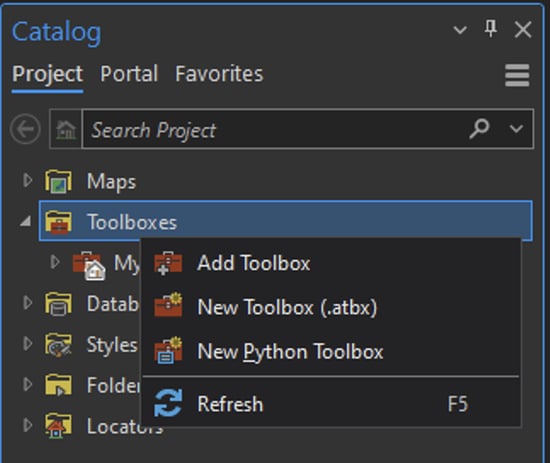 The view when the Toolbox in the Catalog pane is right-clicked. The user is given an option to add a toolbox.
